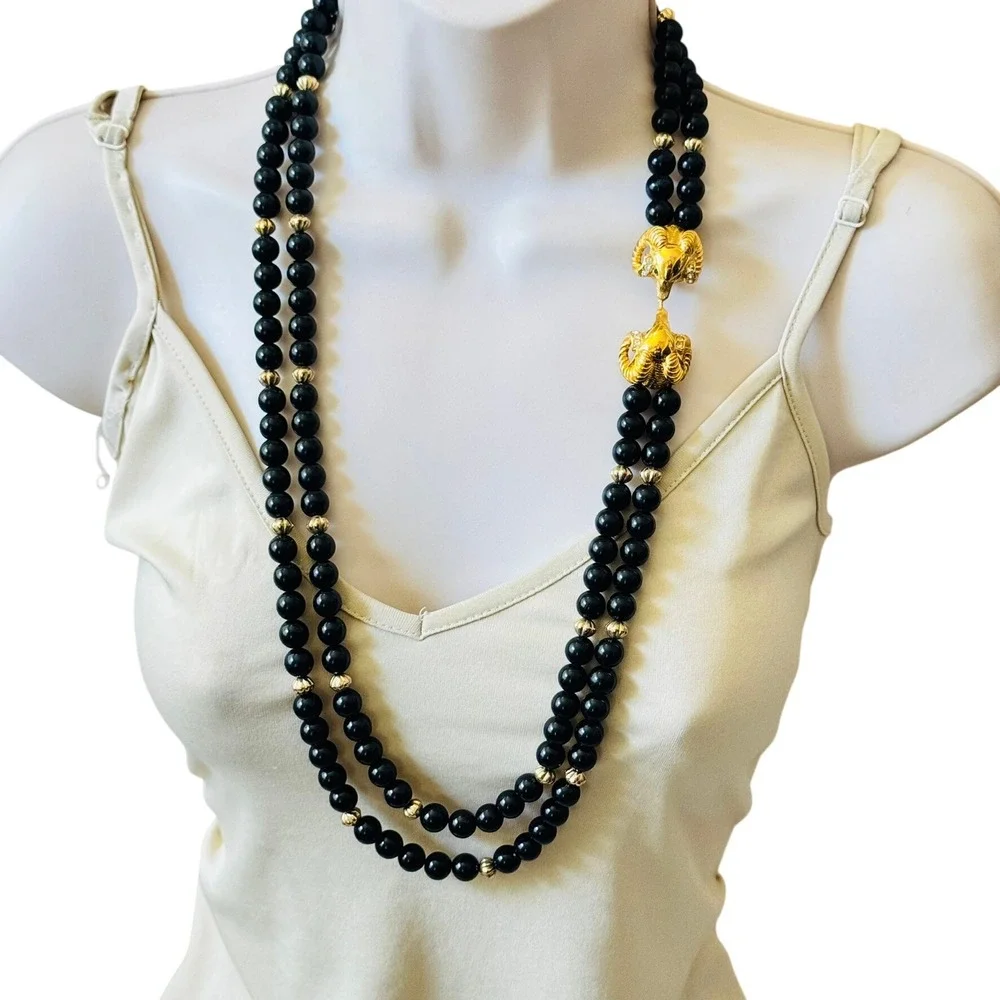 KJL Kenneth Jay Lane Avon Double Ram Head Necklace VTG Lucite Gold Rhinestone